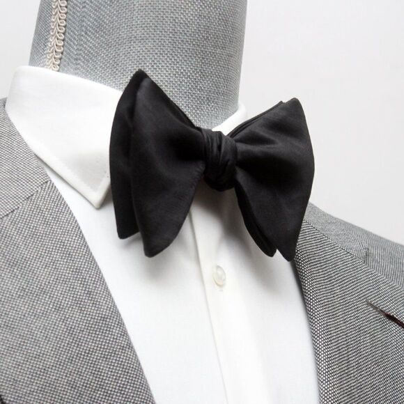 Men's Self tied Bow Tie Black Big Butterfly Bow tie Silk Linen Pin Strip… - Picture 5 of 11